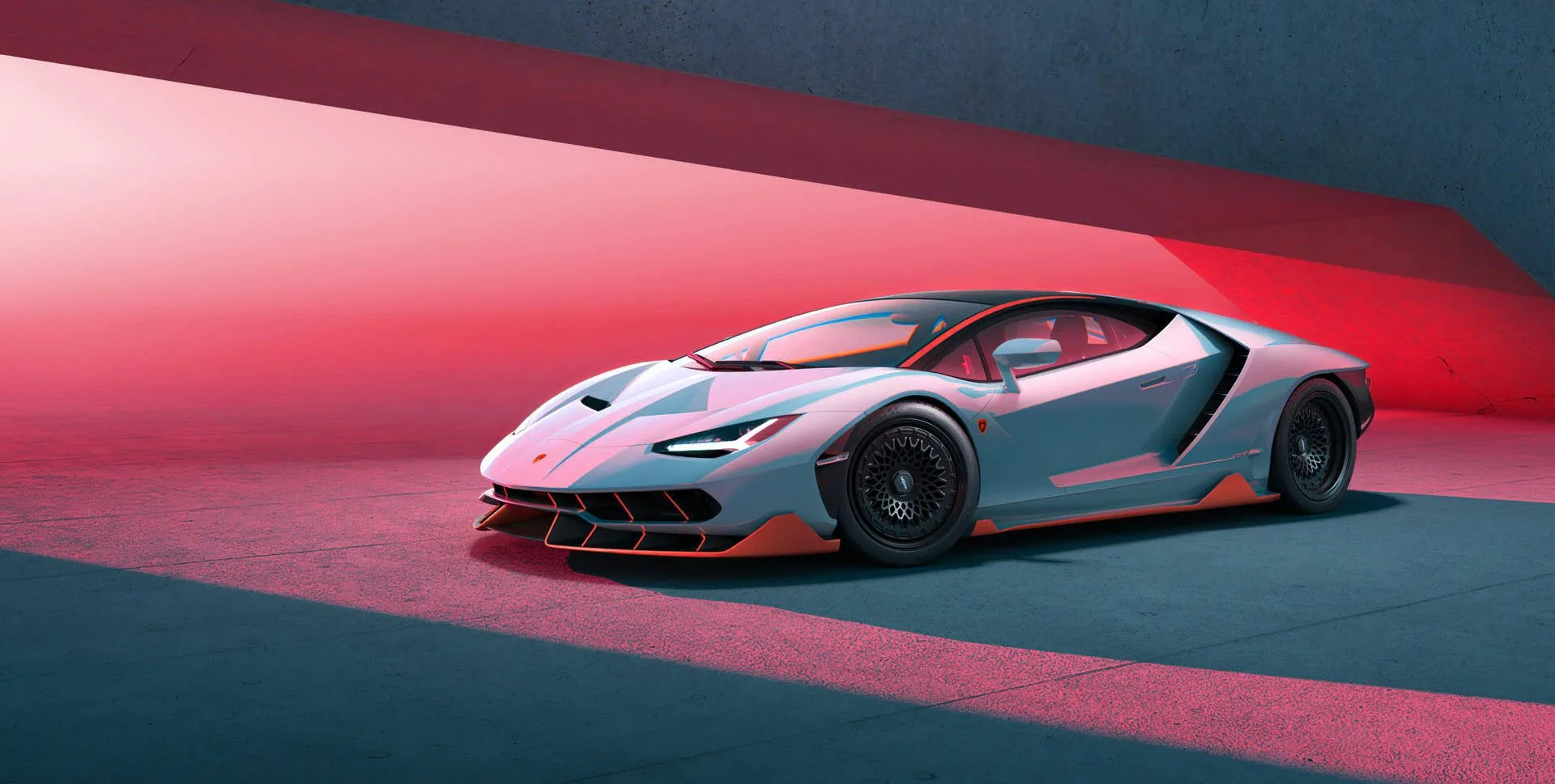 A white and orange Lamborghini Centenario supercar poses in a vivid pink-lit architectural space.