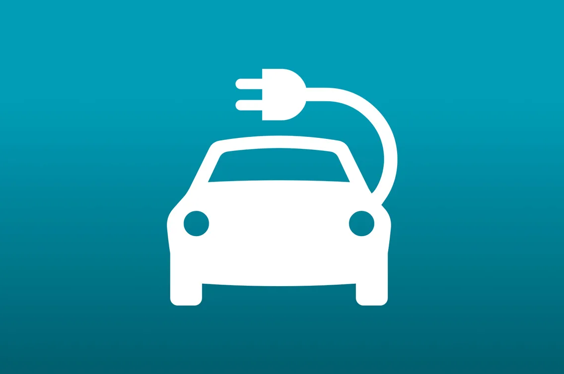 Electric car charging station icon on teal background representing e-mobility infrastructure.