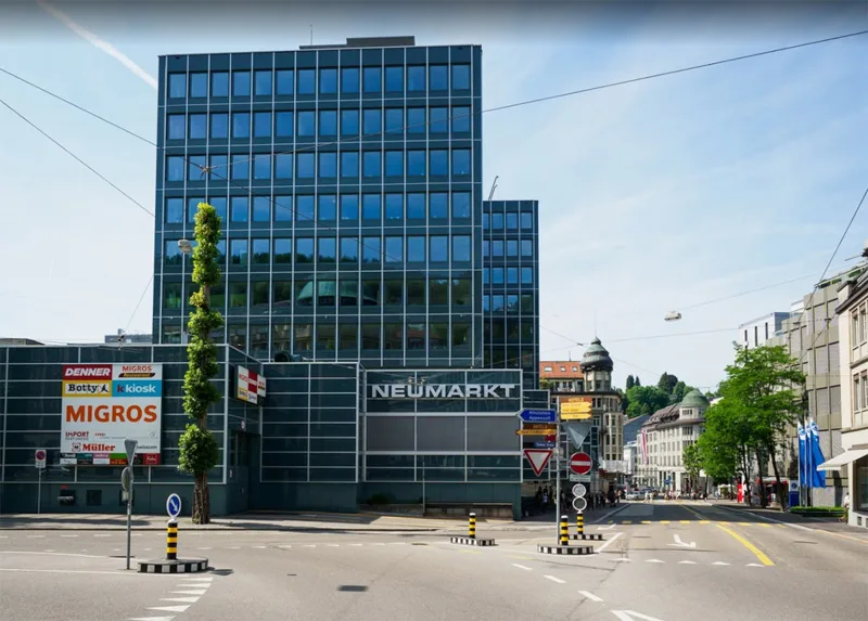 Street-level view of the Neumarkt complex showing its urban location and surrounding roads.