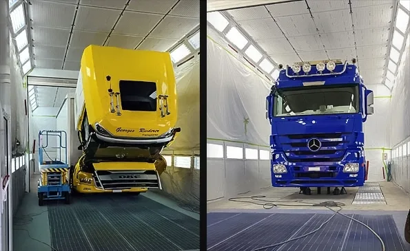 A yellow DAF truck cab tilted up and a blue Mercedes Actros inside large spray booths.
